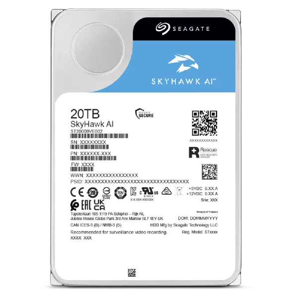 Seagate Skyhawk AI ST20000VE003 20TB 3.5'' HDD Surveillance Drives; SATA 6GB/s Interface; 512MB Cache; RPM: 7200; 512e; 5 Year l