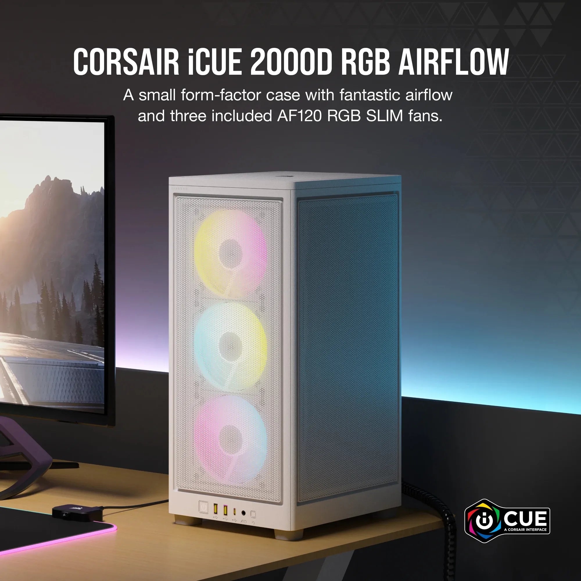 Corsair 2000D RGB Airflow, Small Form Factor (SFF), PC, White, Mini-ITX, Mesh, Tempered glass, Multi