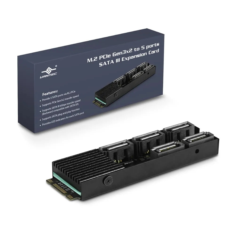 Vantec M.2 PCIe Gen3x2 B+M Key to 5 ports SATA III Expansion Card