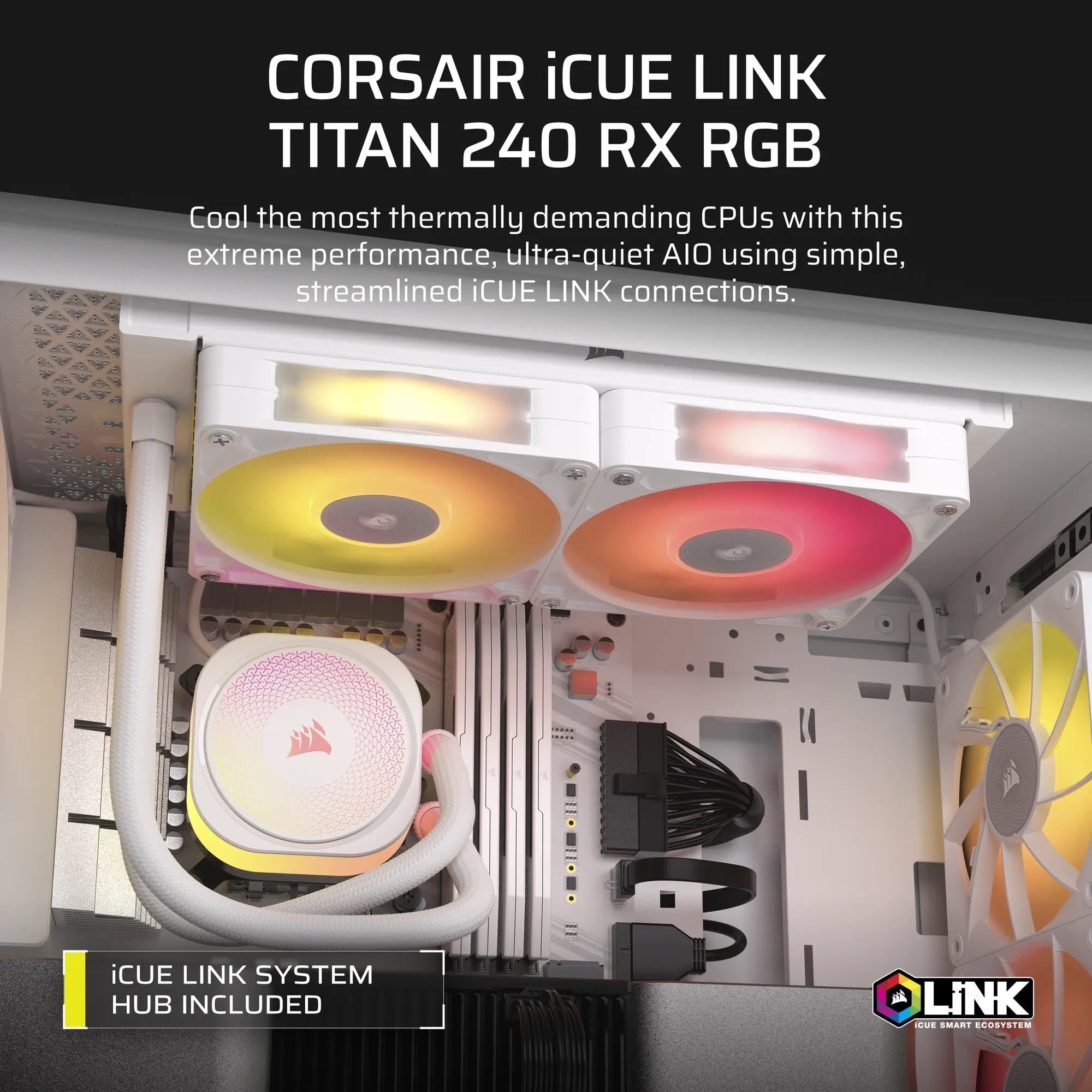 Corsair iCUE LINK TITAN RX RGB, All-in-one liquid cooler, 12 cm, 300 RPM, 2100 RPM, White