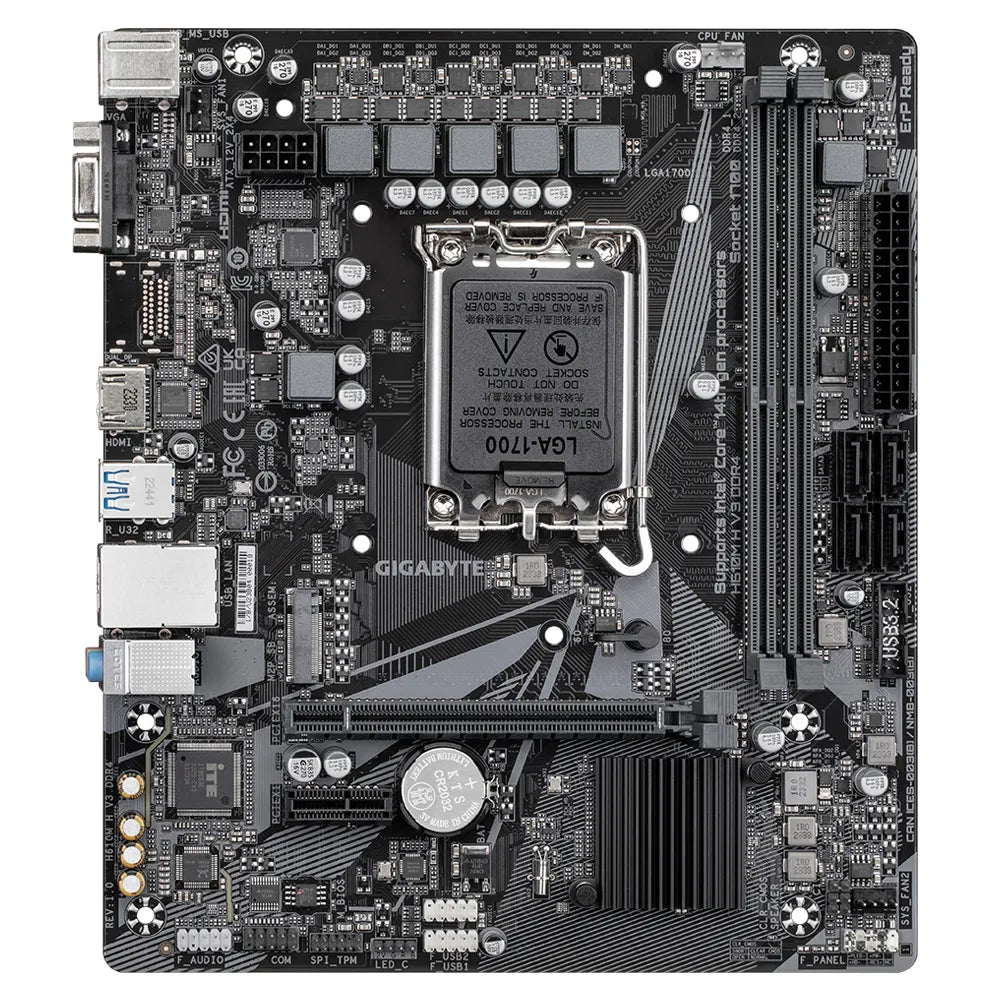 Gigabyte H610M H V3 DDR4 Motherboard - Supports Intel Core 14th CPUs, 4+1+1 Hybrid Phases Digital VRM, up to 3200MHz DDR4, 1xPCIe 3.0 M.2, GbE LAN, USB 3.2 Gen 1, Intel, LGA 1700, Intel® Celeron®, Intel® Core™ i3, Intel® Core™ i5, Intel® Core™ i7, Intel® Core™ i9,..., LGA 1700, DDR4-SDRAM, 64 GB