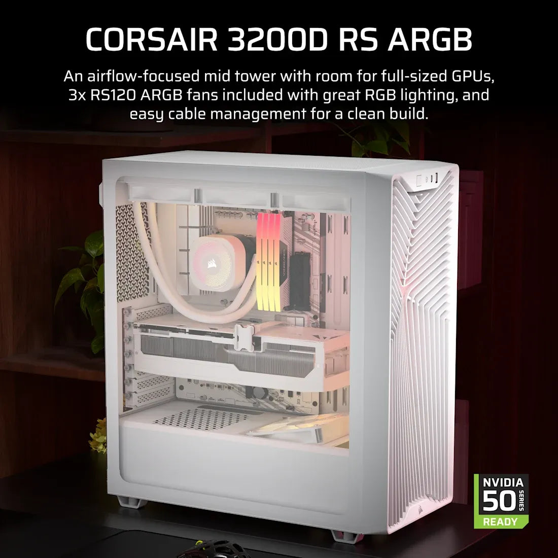 3200D RS ARGB Mid-Tower PC Case; 3x RS120 ARGB fans incl - White.