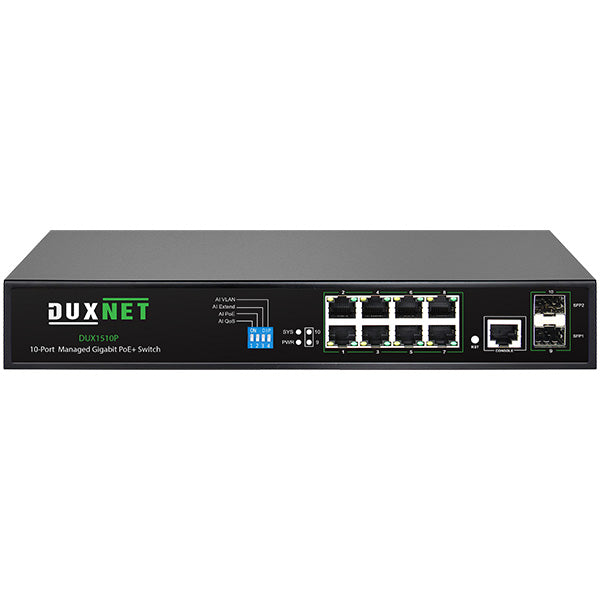 DuxNet 10-Port Layer 2 Managed Gigabit PoE+ Switch