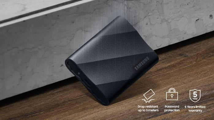 Samsung T9 Portable SSD 1 TB/ Transfer speed up to 2000 MB/s/ Write Speed to 1950 MB/s  USB 3.2 (Gen2x2  20Gbps)  AES 256-bit hardware encryption  Windows®  macOS®  Android™ Compatible  Colour: Black