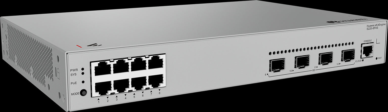 S220-8P4S 8*10/100/1000BASE-T ports(125W PoE+) 4*GE SFP ports built-in AC power