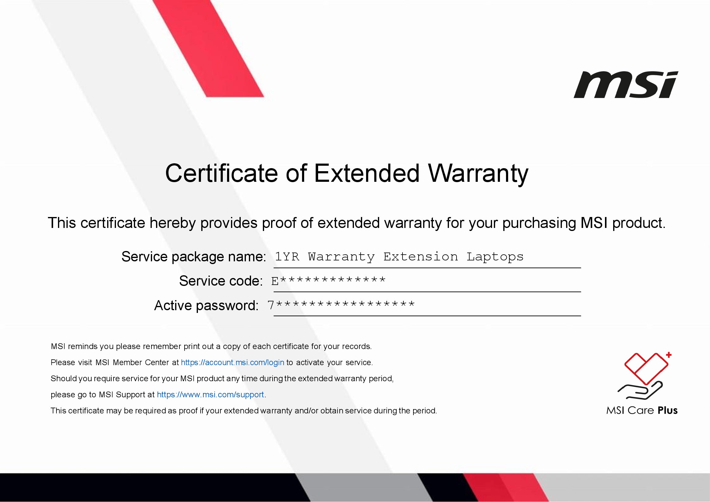 MSI WARRANTY EXTENSION/ 1+ YEAR EXTENSION