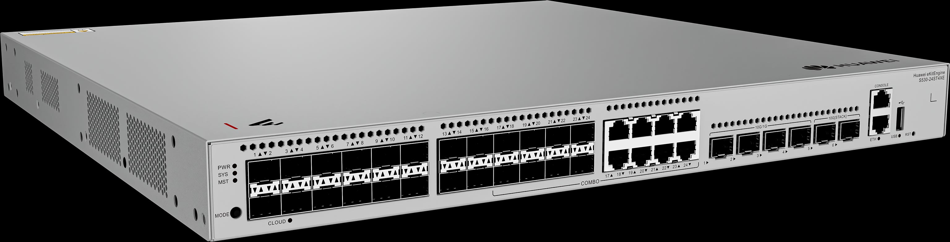 S530-24ST4XE 24*GE SFP ports 8 of which are dual-purpose 10/100/1000 or SFP 4*10GE SFP+ ports 2*12GE stack ports