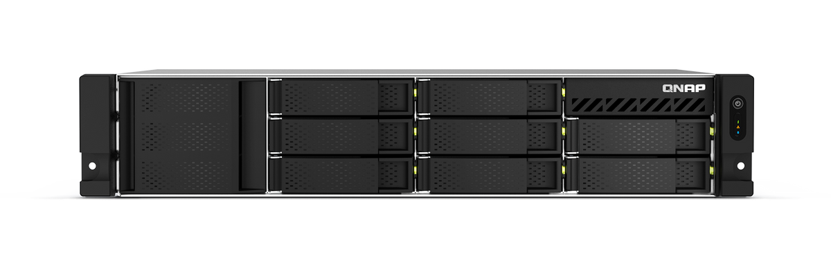 8-bay QNAP short-depth rackmount NAS | AMD Ryzen V1000 series V1500B 4C/8T 2.2GHz | 4GB DDR4 SODIMM RAM (max. 64GB total | optional ECC RAM support) | 2 x 2.5GbE LAN | M.2 2280 - TS-873AeU-RP-4G