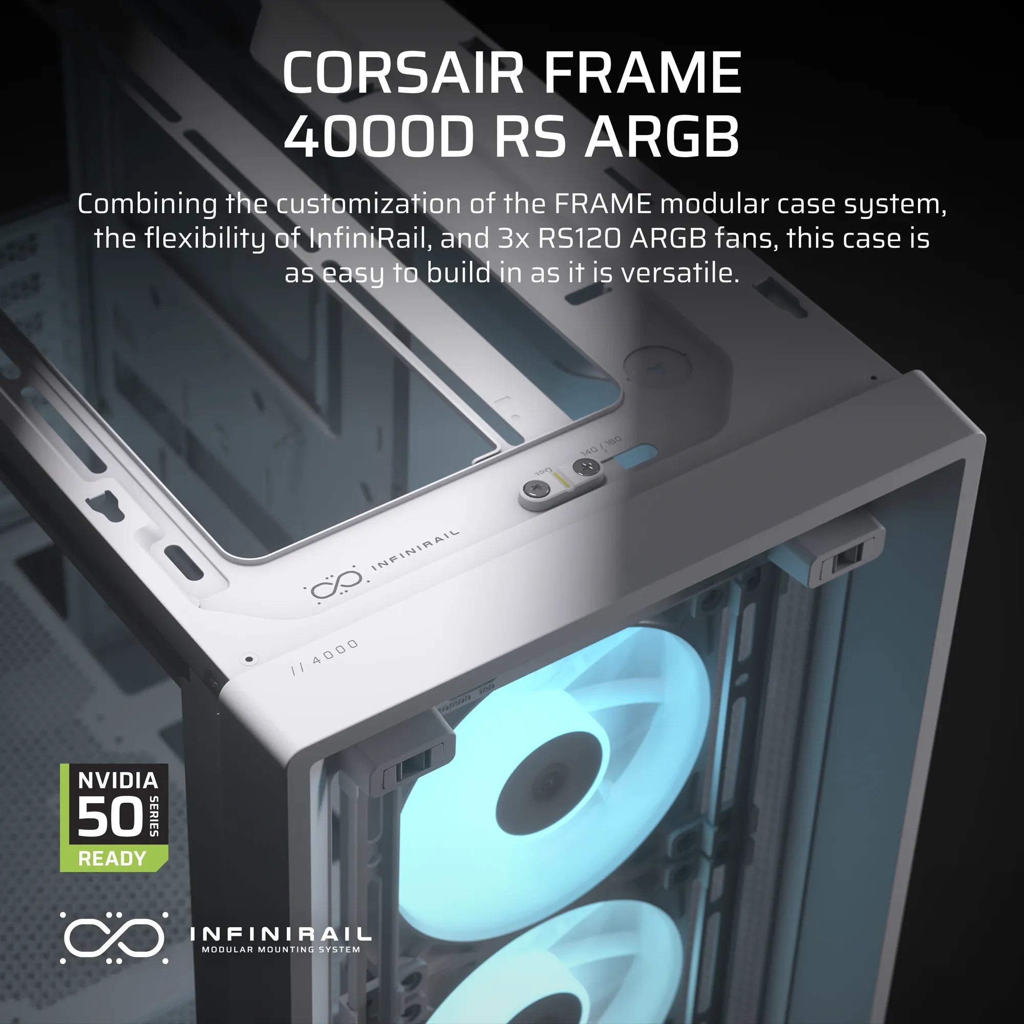 Corsair FRAME 4000D RS ARGB, Midi Tower, PC, White, ATX, EATX, micro ATX, Mini-ITX, Plastic, Steel, Tempered glass, Gaming