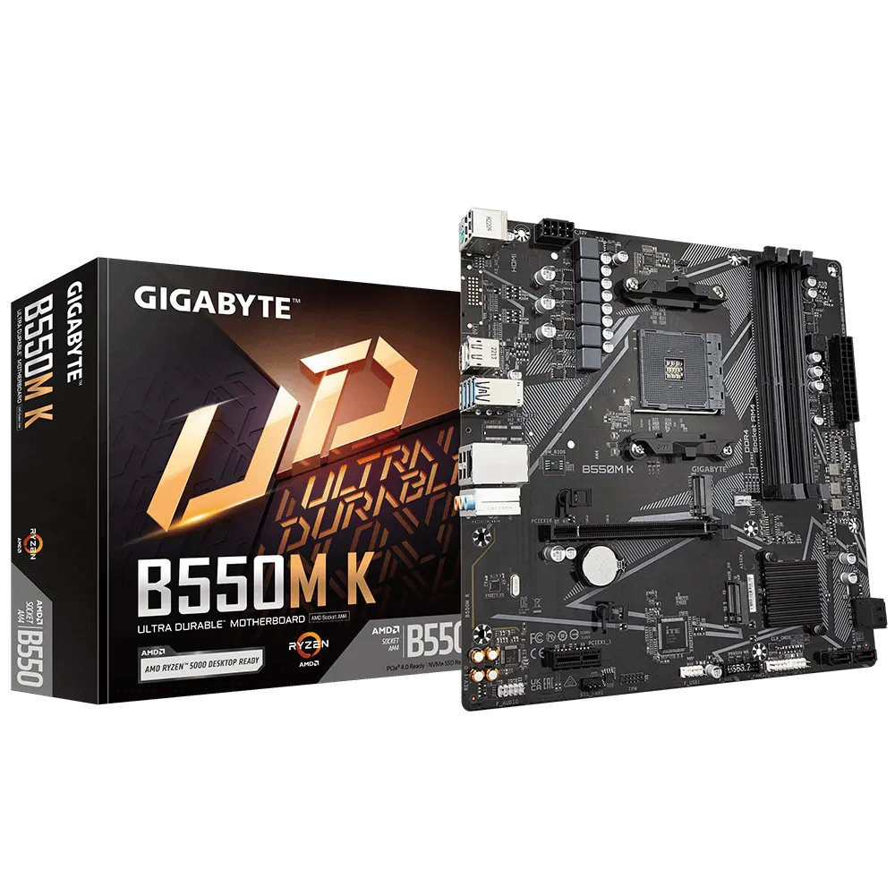 GIGABYTE B550M K Motherboard - AMD Ryzen 5000 CPUs, up to 4733MHz DDR4, 1xPCIe 4.0 + 1xPCIe 3.0 M.2, 1GbE LAN, USB 3.2 Gen 1, AMD, Socket AM4, AMD Ryzen 3000 Series, AMD Ryzen 4000 Series, AMD Ryzen 5000 Series, Socket AM4, DDR4-SDRAM, 128 GB