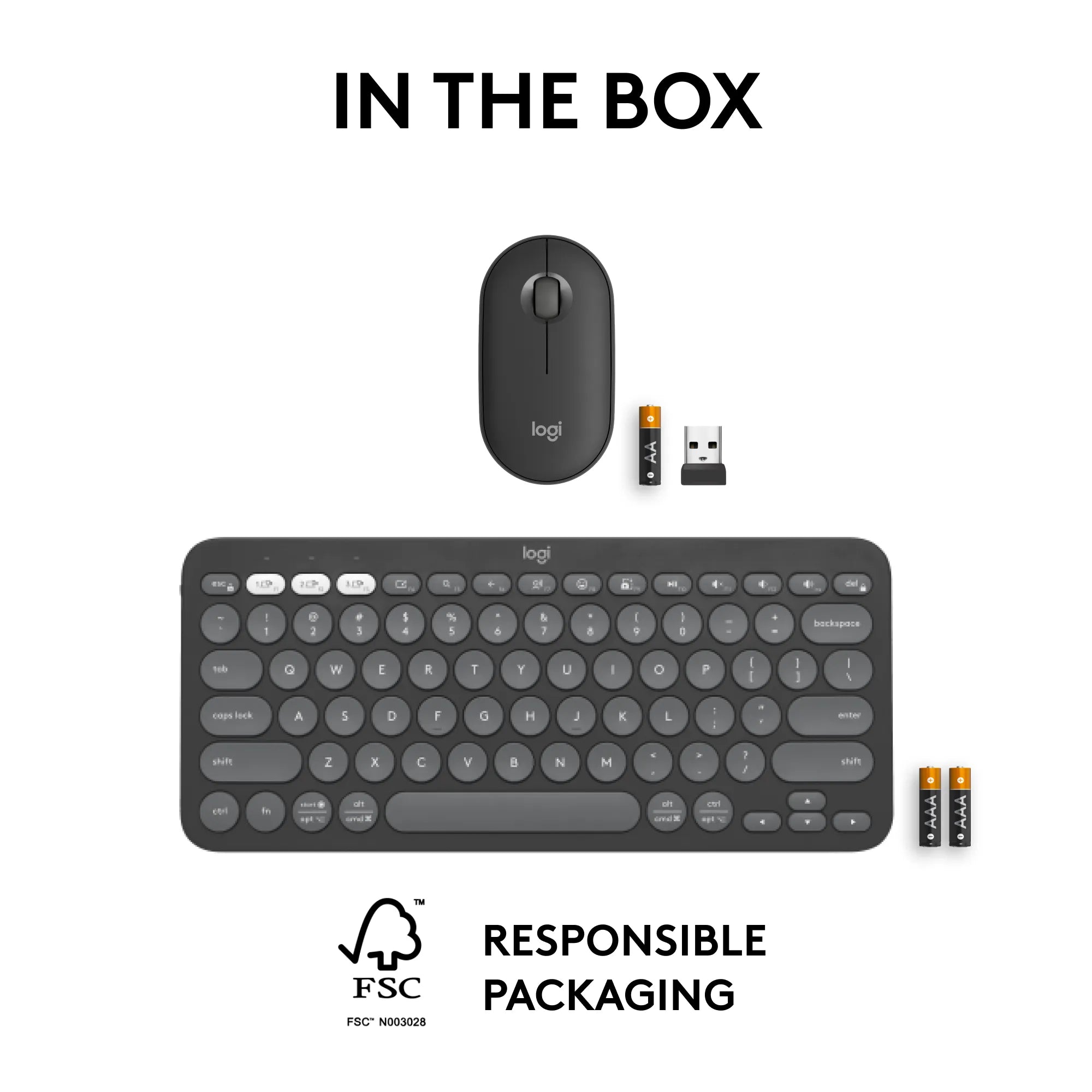 Logitech 920-012239, Wireless, RF Wireless + Bluetooth, Scissor key switch, QWERTY, Graphite, Mouse included