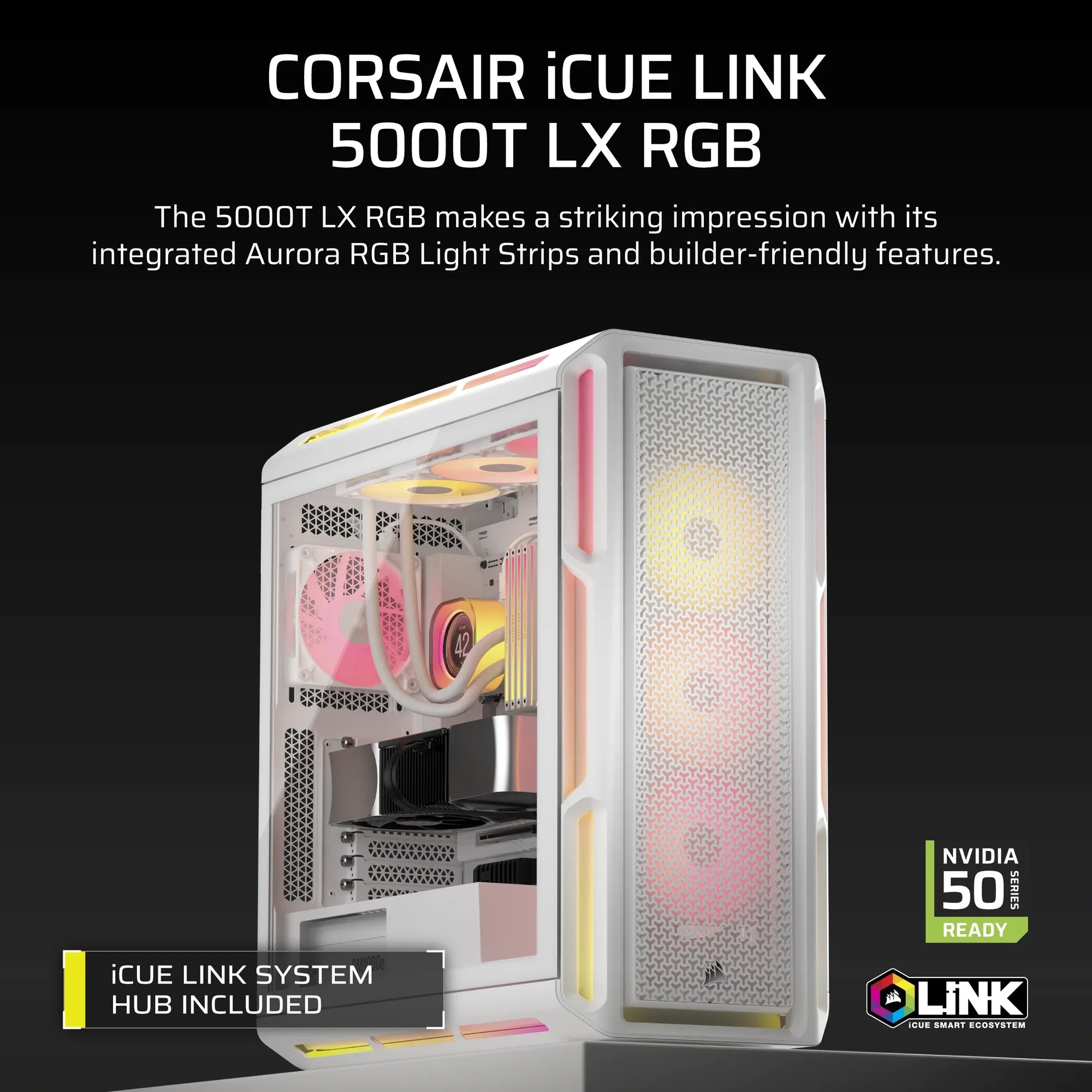 Corsair iCUE LINK 5000T LX RGB, Midi Tower, PC, White, ATX, EATX, micro ATX, Mini-ITX, Plastic, Steel, Tempered glass, Gaming