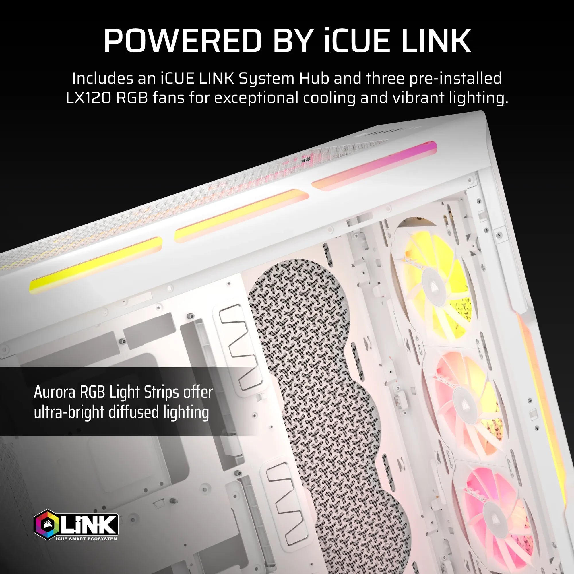 Corsair iCUE LINK 5000T LX RGB, Midi Tower, PC, White, ATX, EATX, micro ATX, Mini-ITX, Plastic, Steel, Tempered glass, Gaming
