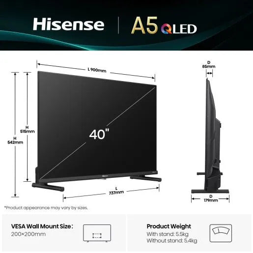 Hisense 40A5Q, 101.6 cm (40"), 1920 x 1080 pixels, QLED, Smart TV, Wi-Fi, Black