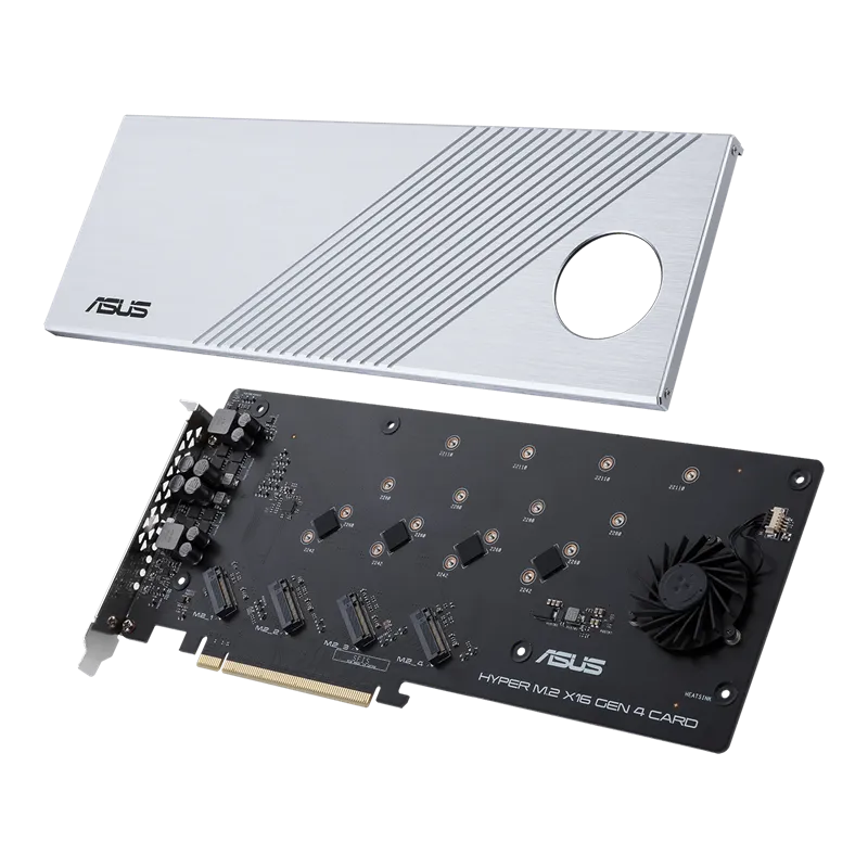 'ASUS Hyper M.2 x16 Gen 4 Card (PCIe 4.0/3.0) supports four NVMe M.2 (2242/2260/2280/22110) devices up to 256 Gbps for AMD TRX40