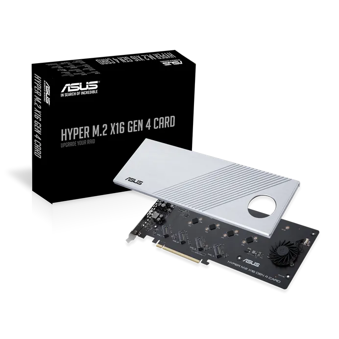 'ASUS Hyper M.2 x16 Gen 4 Card (PCIe 4.0/3.0) supports four NVMe M.2 (2242/2260/2280/22110) devices up to 256 Gbps for AMD TRX40