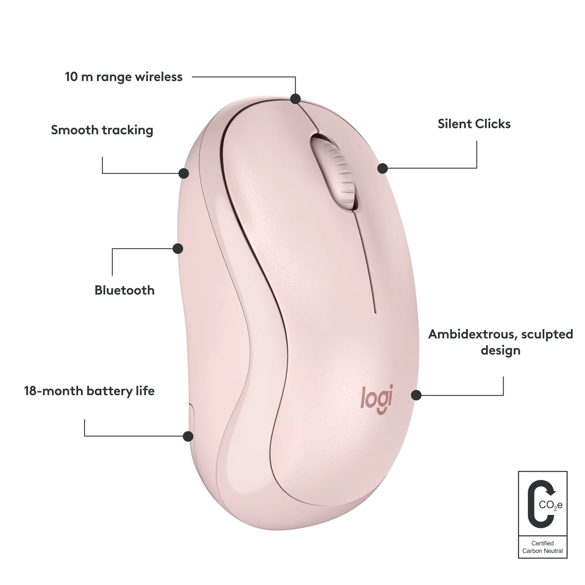 Logitech M240, Ambidextrous, Bluetooth, Pink