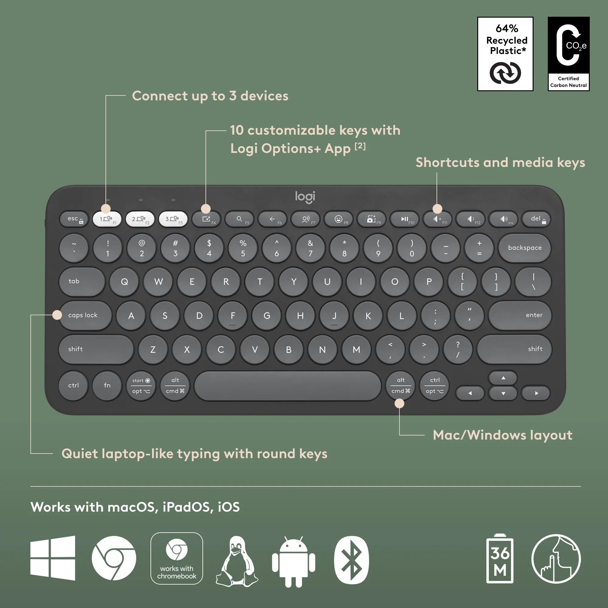 Logitech Pebble Keys 2 K380s, Mini, Wireless, RF Wireless + Bluetooth, Scissor key switch, QWERTY, Graphite