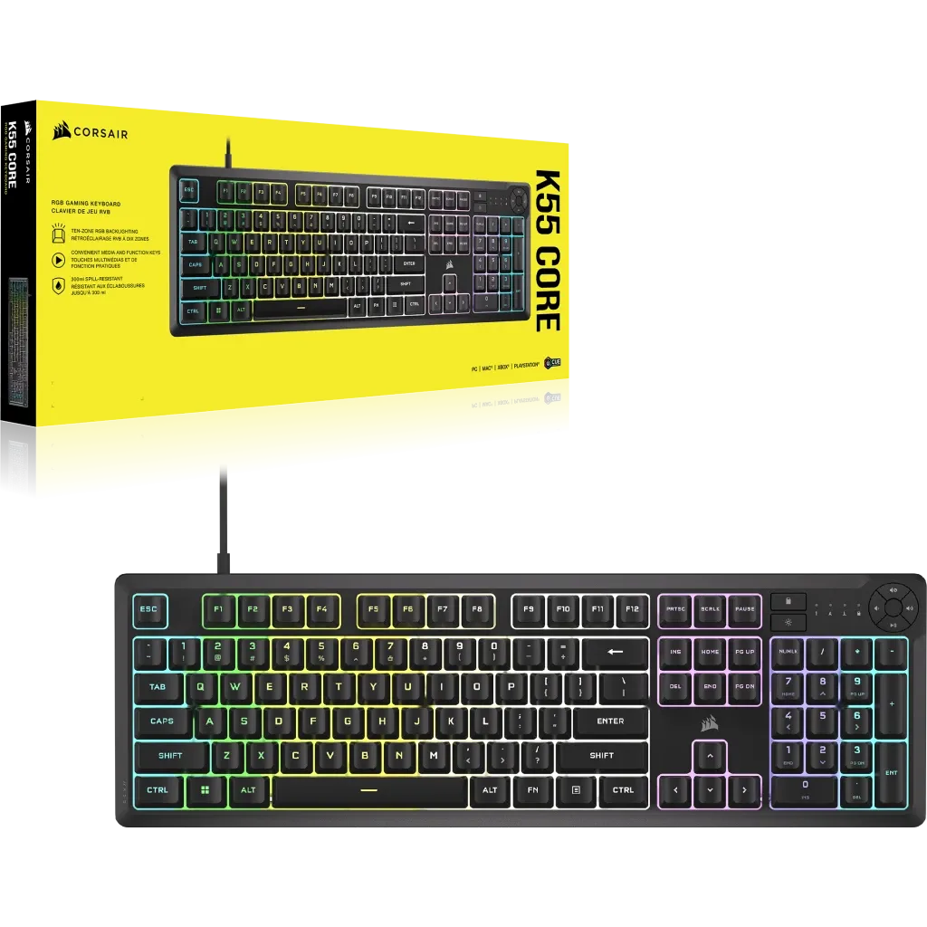 Corsair K55 CORE RGB, Wired, USB, Mechanical, QWERTY, RGB LED, Black