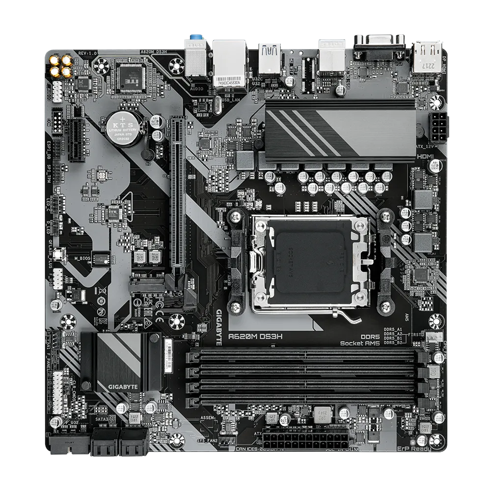 GIGABYTE A620M DS3H Motherboard - Supports AMD Ryzen 8000 CPUs, 5+2+2 Phases Digital VRM, up to 7600MHz DDR5 (OC), 1xPCIe 4.0 M.2, GbE LAN, USB 3.2 Gen 1, AMD, Socket AM5, AMD Ryzen™ 5, AMD Ryzen 7 7th Gen, AMD Ryzen 9 7th Gen, Socket AM5, 192 GB, DDR5-SDRAM
