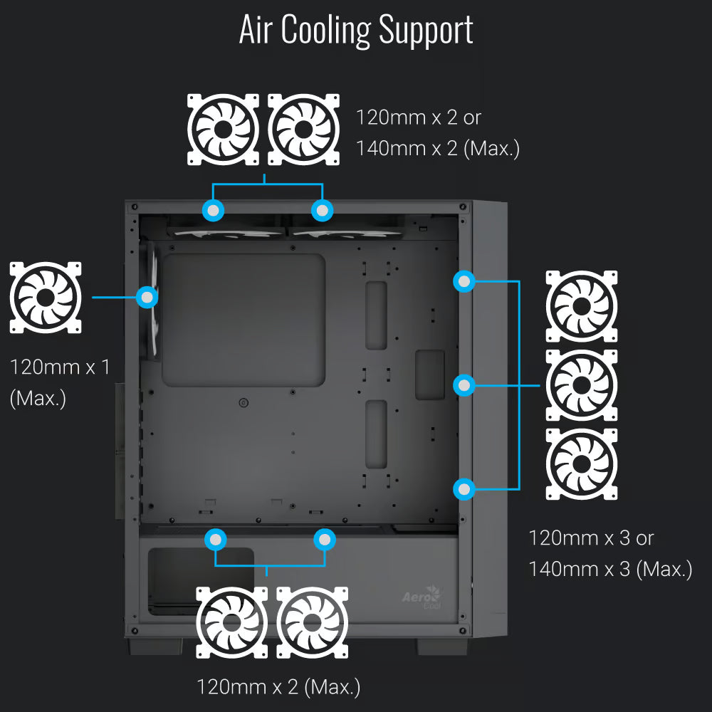 Aerocool B509A Black Mid tower case - Includes 120mm ARGB Fan x 6 - ATX - 5x 2.5'' or 3x3.5'' - 360mm Radiator.