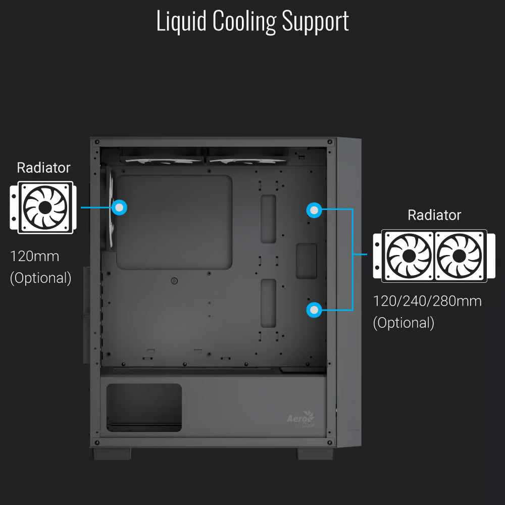 Aerocool B509A Black Mid tower case - Includes 120mm ARGB Fan x 6 - ATX - 5x 2.5'' or 3x3.5'' - 360mm Radiator.