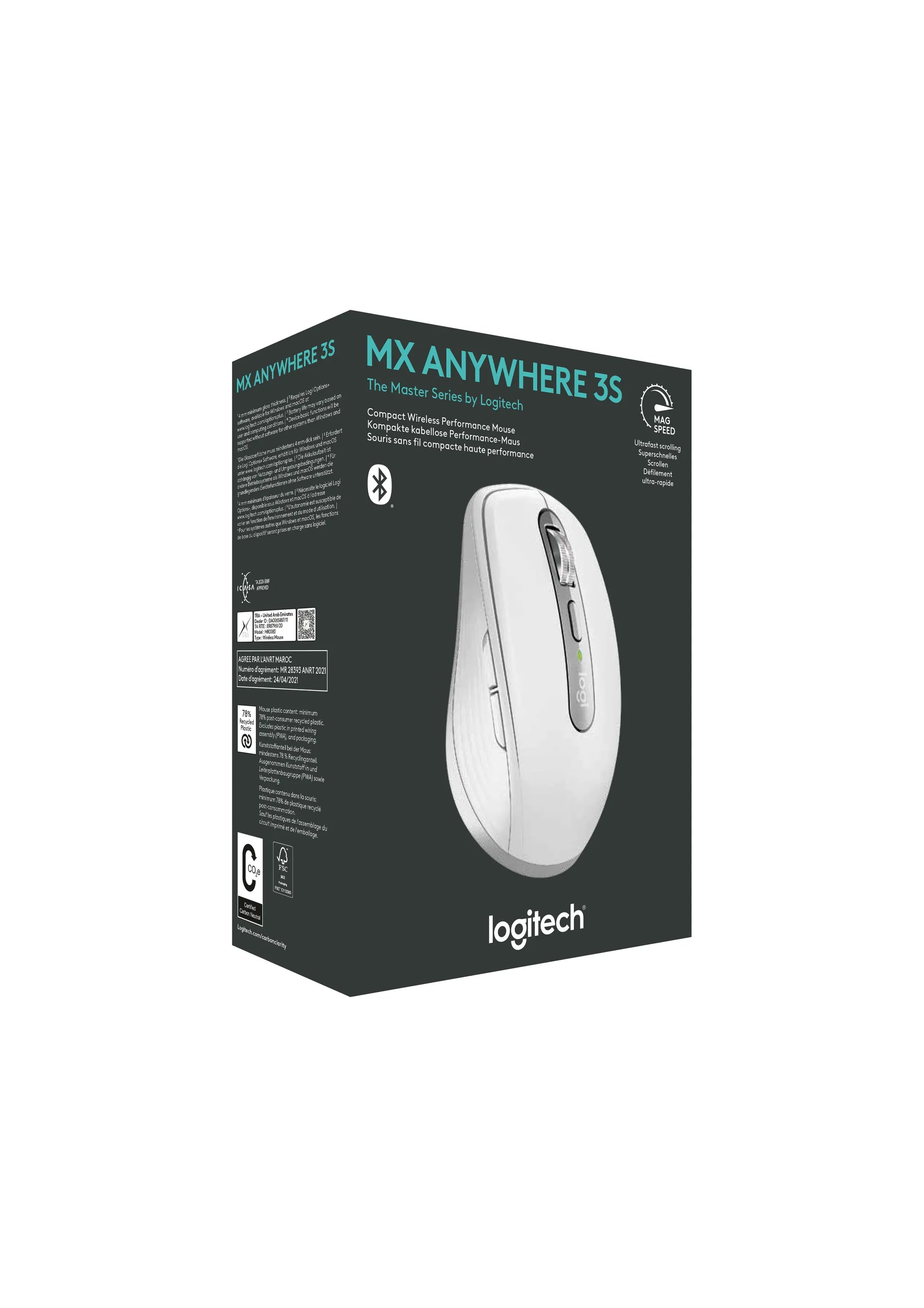 Logitech MX Anywhere 3S, Right-hand, Laser, RF Wireless + Bluetooth, 8000 DPI, Grey, White