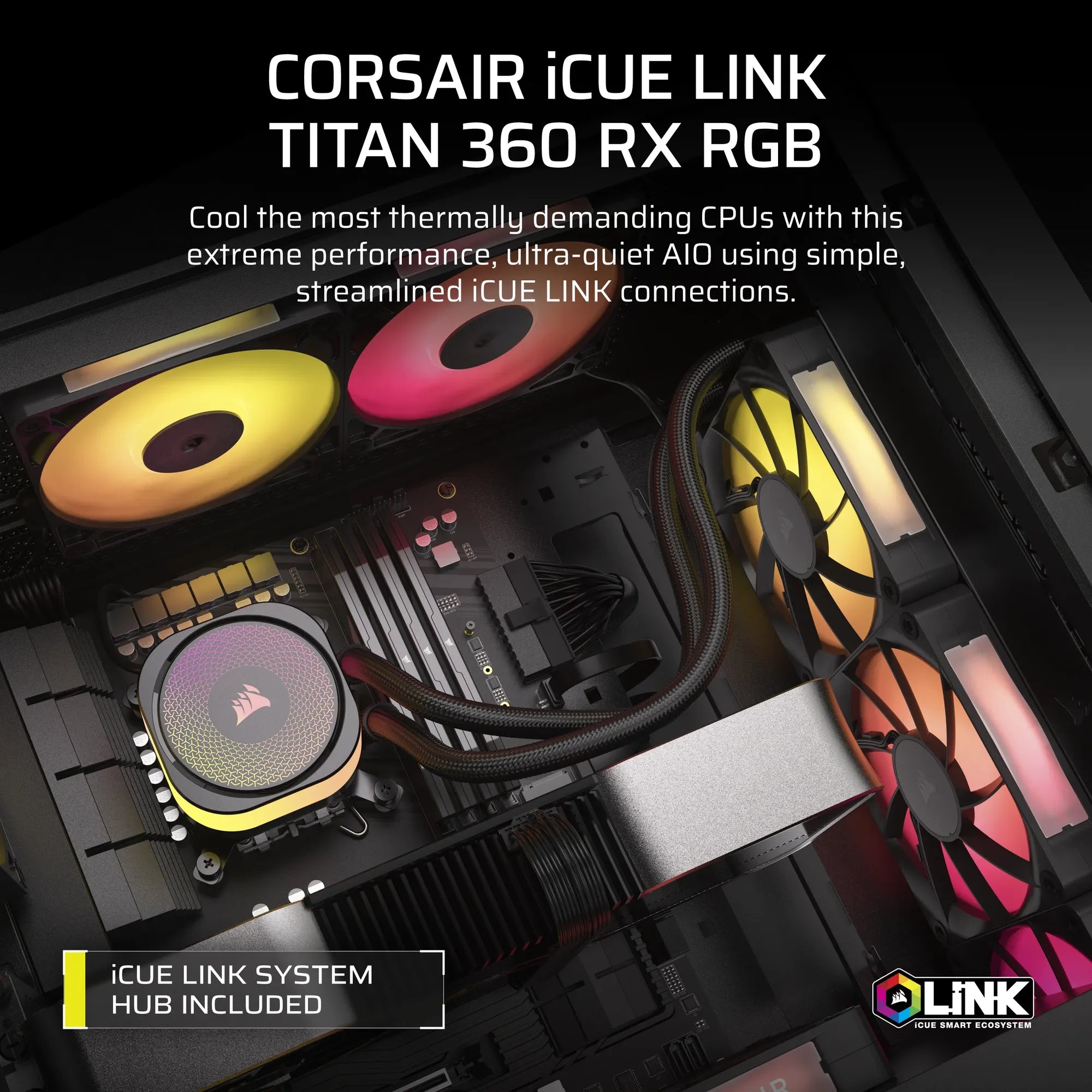 Corsair iCUE LINK TITAN RX RGB, All-in-one liquid cooler, 12 cm, 300 RPM, 2100 RPM, 73.5 cfm, Black