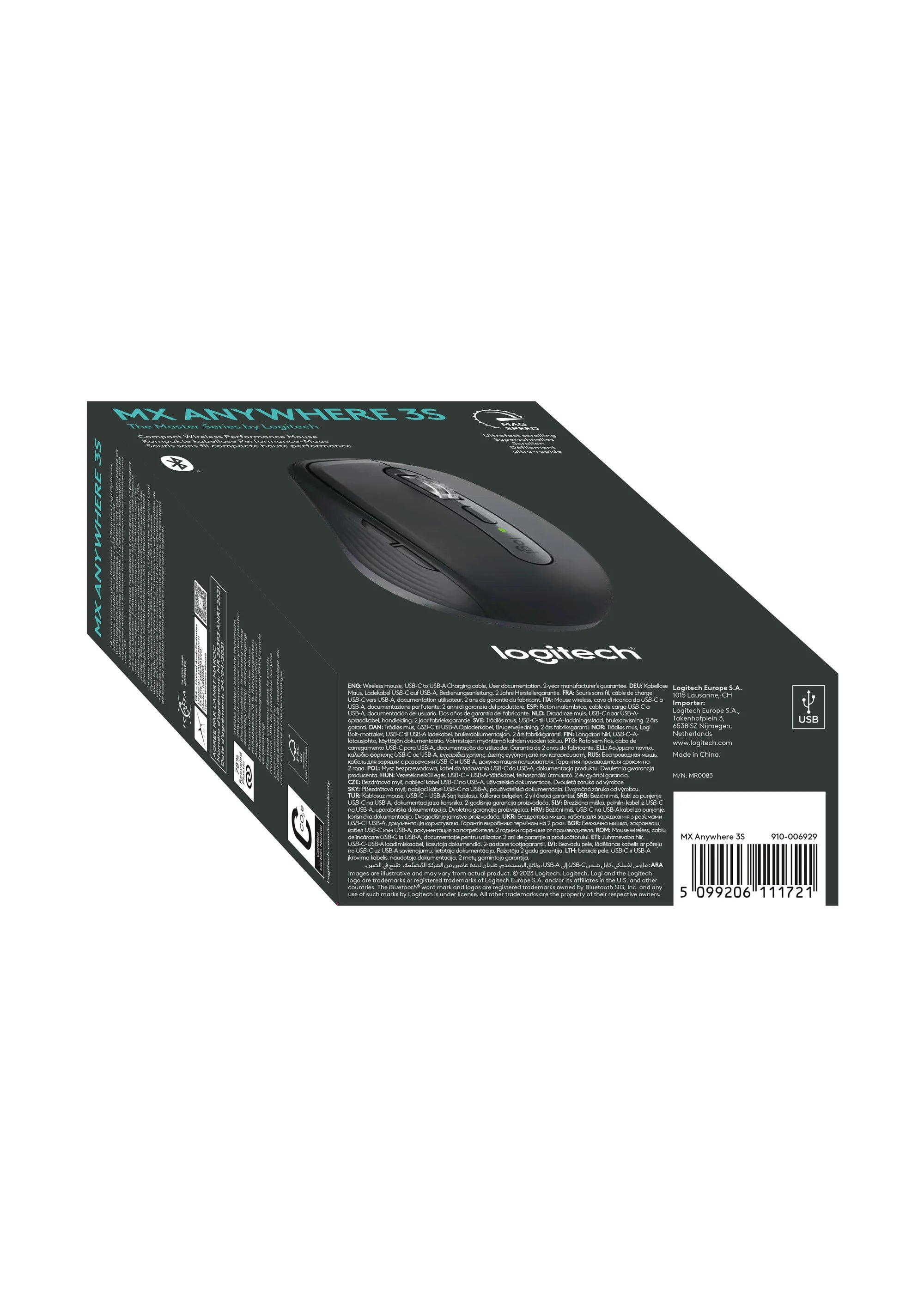 Logitech MX Anywhere 3S, Right-hand, Laser, RF Wireless + Bluetooth, 8000 DPI, Graphite