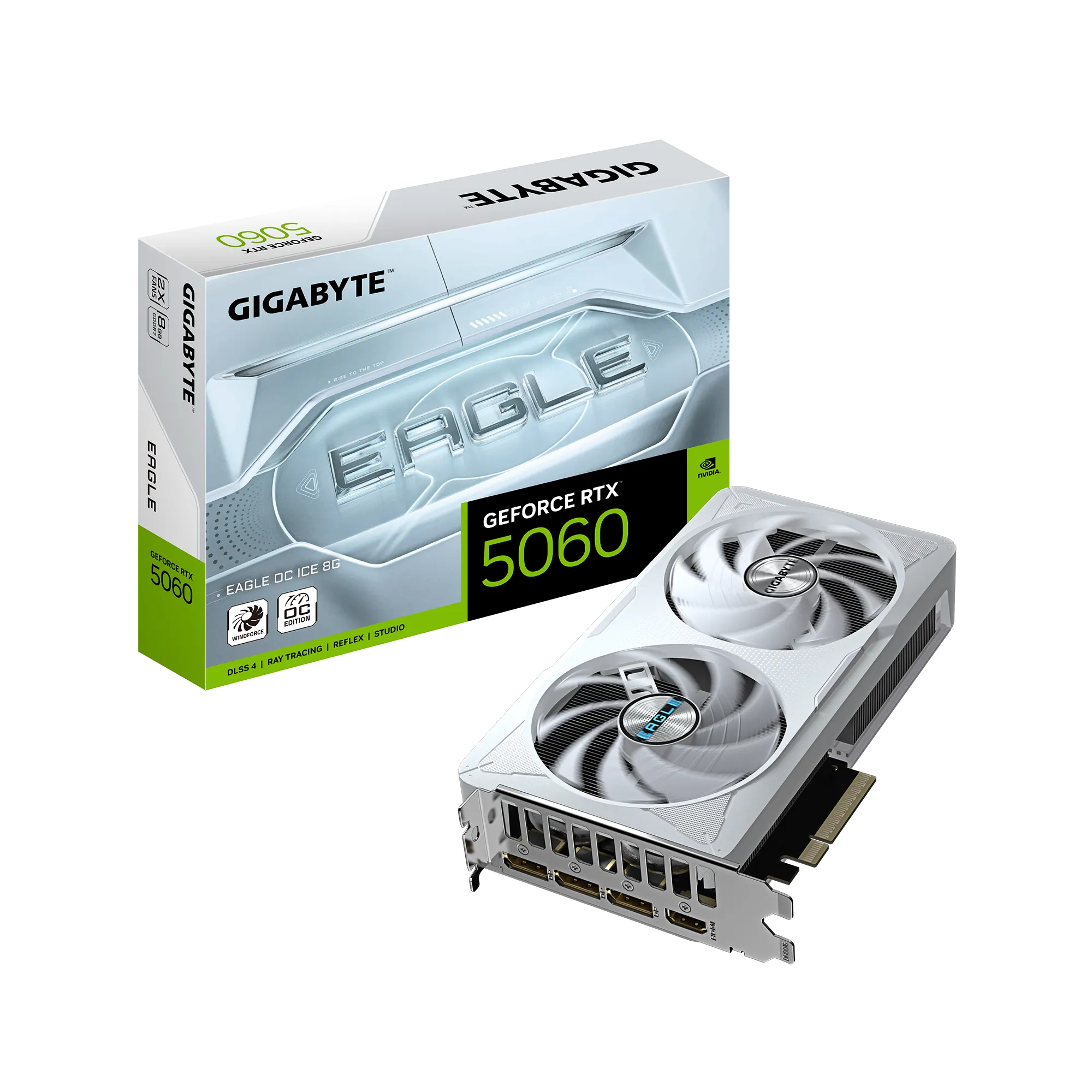 GIGABYTE GeForce RTX 5060 EAGLE OC ICE 8G Graphics Card - 8GB GDDR7, 128bit, PCI-E 5.0, 2550 MHz Core Clock, 3 x DisplayPort, 1 x HDMI, GV-N5060EAGLEOC ICE-8GD, GeForce RTX 5060, 8 GB, GDDR7, 128 bit, 7680 x 4320 pixels, PCI Express 5.0