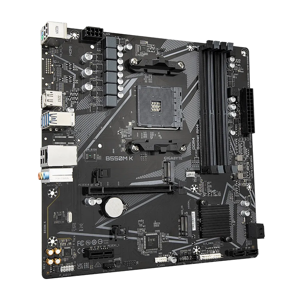 GIGABYTE B550M K Motherboard - AMD Ryzen 5000 CPUs, up to 4733MHz DDR4, 1xPCIe 4.0 + 1xPCIe 3.0 M.2, 1GbE LAN, USB 3.2 Gen 1, AMD, Socket AM4, AMD Ryzen 3000 Series, AMD Ryzen 4000 Series, AMD Ryzen 5000 Series, Socket AM4, DDR4-SDRAM, 128 GB