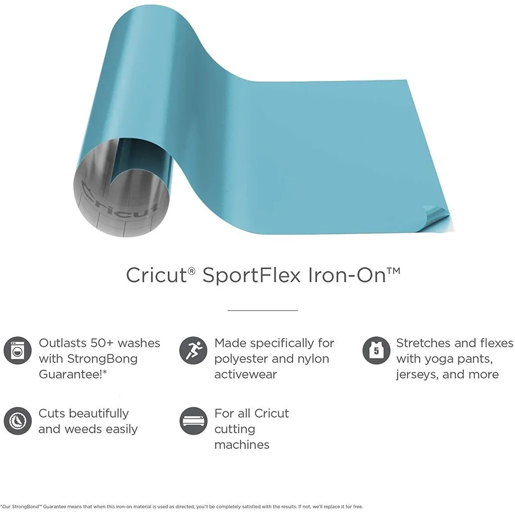 2004436 - 1 sheets 11.8" x 24" SportFlex Iron-On Thin and lightweight to stretch and flex on active wear Made for tech fabrics like polyester and nylon Features the Cricut StrongBond™ Guarantee* for long-lasting results that stick