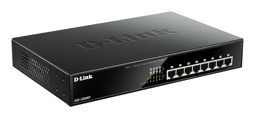 D-Link DGS-1008MP 8-Port Desktop Gigabit Max PoE Switch, Unmanaged, Gigabit Ethernet (10/100/1000), Full duplex, Power over Ethernet (PoE), Rack mounting, 1U
