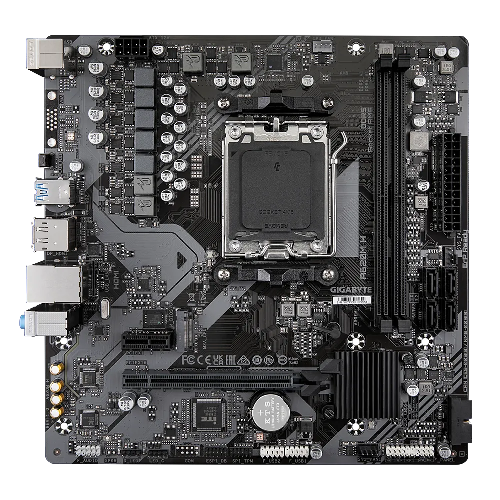 GIGABYTE A620M H Motherboard - Supports AMD Ryzen 8000 CPUs, 5+2+2 Phases Digital VRM, up to 7200MHz DDR5 (OC), 1xPCIe 4.0 M.2, GbE LAN, USB 3.2 Gen 1, AMD, Socket AM5, AMD Ryzen 7000 Series, Socket AM5, 96 GB, DDR5-SDRAM