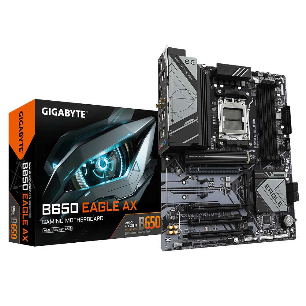 Gigabyte B650 EAGLE AX Motherboard - Supports AMD Ryzen 7000 CPUs, 12+2+2 Phases Digital VRM, up to 7600MHz DDR5 (OC), 1xPCIe 5.0 + 2xPCIe 4.0 M.2, Wi-Fi 6E 802.11ax, GbE LAN, USB 3.2 Gen2, AMD, Socket AM5, AMD Ryzen™ 5, AMD Ryzen 7 7th Gen, AMD Ryzen 9 7th Gen, Socket AM5, 192 GB, DDR5-SDRAM