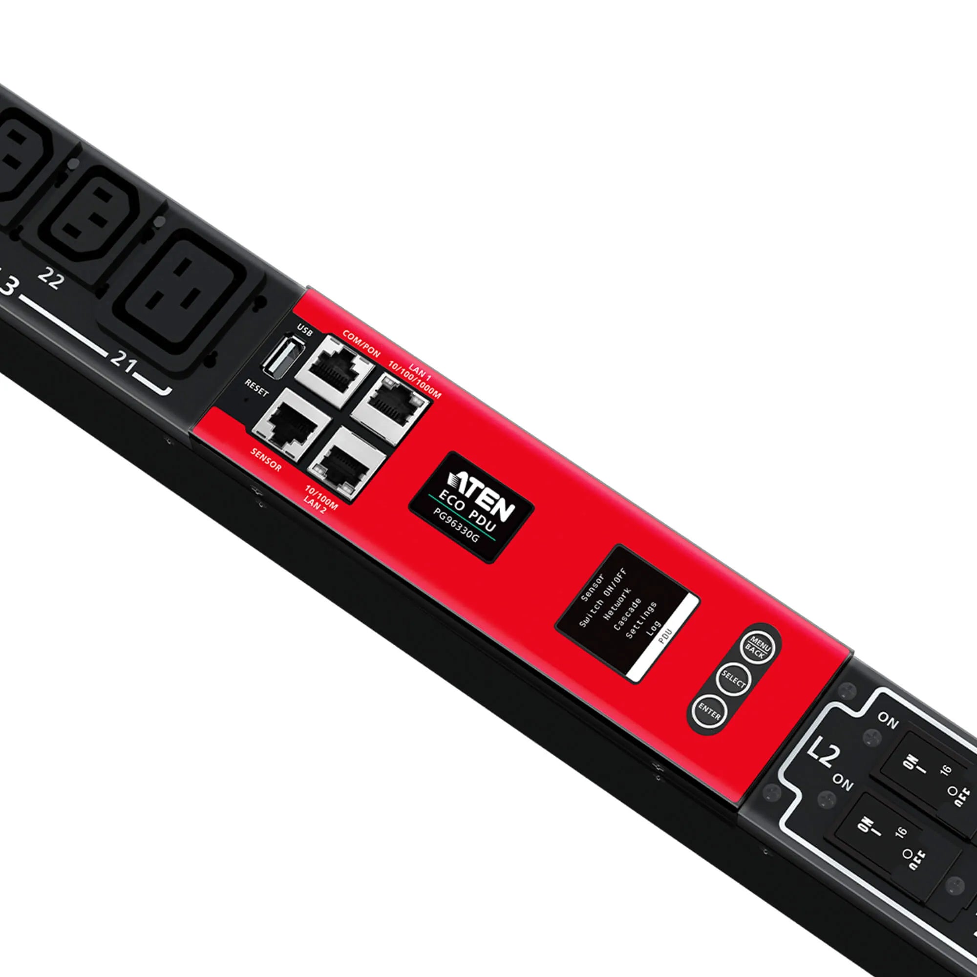 ATEN 30A/32A 30-Outlet 3-Phase Switched eco PDU, Metered, Switched, 0U, Three-phase, Black, LCD, 30 AC outlet(s)