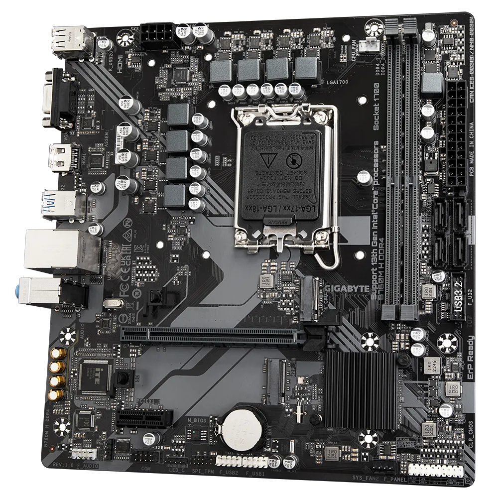 GIGABYTE B760M H DDR4 Motherboard - Supports Intel Core 14th Gen CPUs, 6+1+1 Phases Digital VRM, up to 3200MHz DDR4 (OC), 2xPCIe 4.0 M.2, GbE LAN, USB 3.2 Gen1, Intel, LGA 1700, Intel® Celeron®, Intel® Pentium® Gold, LGA 1700, 64 GB, DDR4-SDRAM