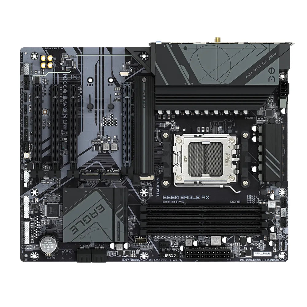 Gigabyte B650 EAGLE AX Motherboard - Supports AMD Ryzen 7000 CPUs, 12+2+2 Phases Digital VRM, up to 7600MHz DDR5 (OC), 1xPCIe 5.0 + 2xPCIe 4.0 M.2, Wi-Fi 6E 802.11ax, GbE LAN, USB 3.2 Gen2, AMD, Socket AM5, AMD Ryzen™ 5, AMD Ryzen 7 7th Gen, AMD Ryzen 9 7th Gen, Socket AM5, 192 GB, DDR5-SDRAM