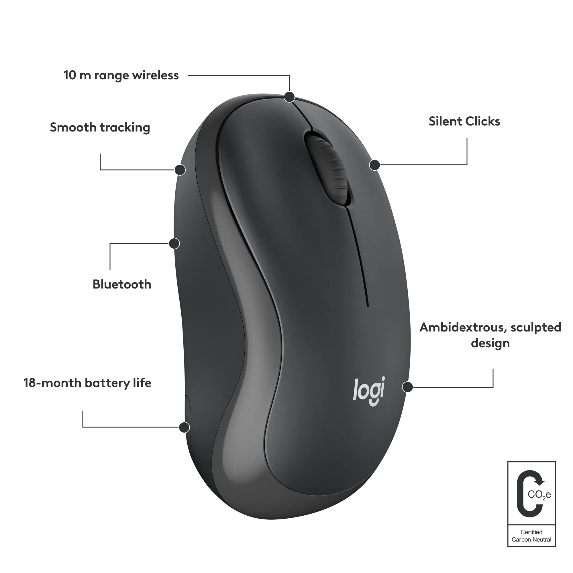 Logitech M240, Ambidextrous, Bluetooth, Graphite