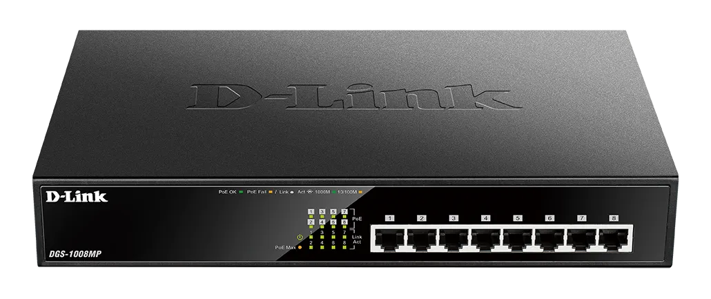 D-Link DGS-1008MP 8-Port Desktop Gigabit Max PoE Switch, Unmanaged, Gigabit Ethernet (10/100/1000), Full duplex, Power over Ethernet (PoE), Rack mounting, 1U