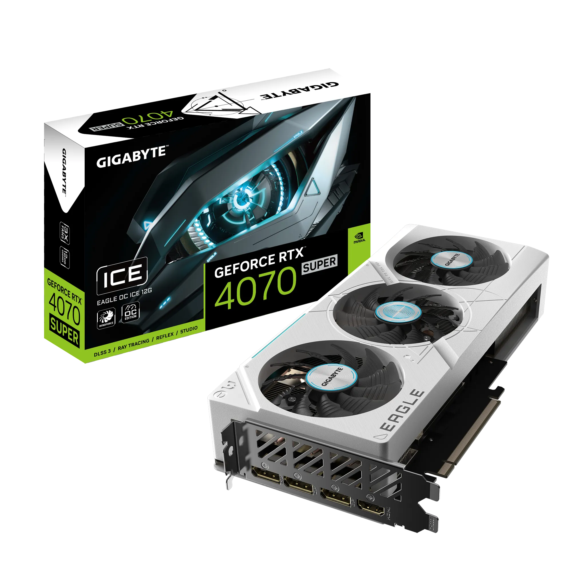 GIGABYTE GeForce RTX 4070 SUPER EAGLE OC ICE 12G Graphics Card - 12GB GDDR6X, 192bit, PCI-E 4.0, 2535MHz Core Clock, 3 x DisplayPort 1.4a, 1 x HDMI 2.1a, NVIDIA DLSS 3, GV-N407SEAGLEOC ICE-12GD, GeForce RTX 4070 SUPER, 12 GB, GDDR6X, 192 bit, 7680 x 4320 pixels, PCI Express x16 4.0