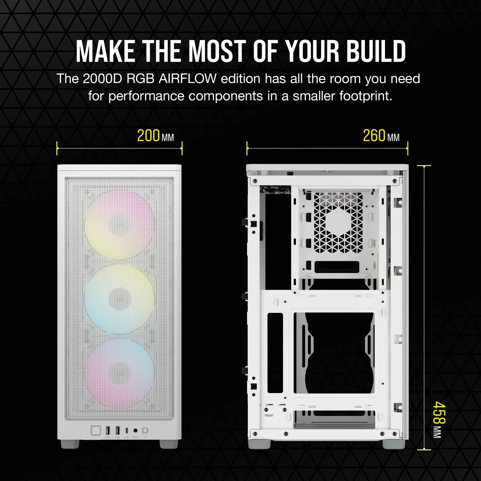 Corsair 2000D RGB Airflow, Small Form Factor (SFF), PC, White, Mini-ITX, Mesh, Tempered glass, Multi