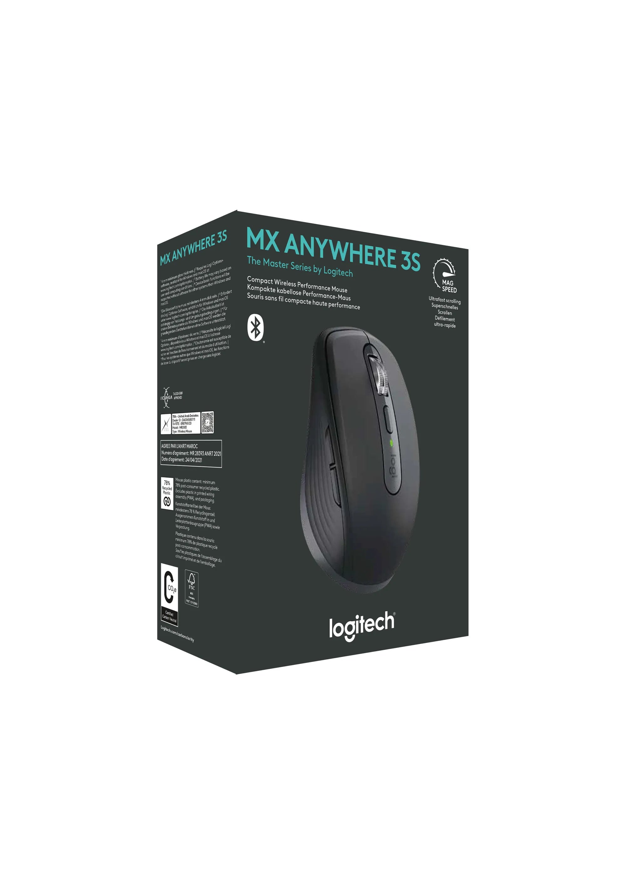Logitech MX Anywhere 3S, Right-hand, Laser, RF Wireless + Bluetooth, 8000 DPI, Graphite