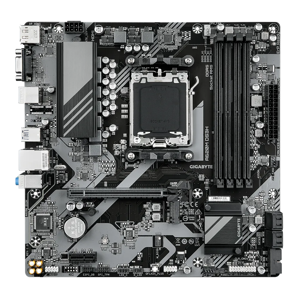 GIGABYTE A620M DS3H Motherboard - Supports AMD Ryzen 8000 CPUs, 5+2+2 Phases Digital VRM, up to 7600MHz DDR5 (OC), 1xPCIe 4.0 M.2, GbE LAN, USB 3.2 Gen 1, AMD, Socket AM5, AMD Ryzen™ 5, AMD Ryzen 7 7th Gen, AMD Ryzen 9 7th Gen, Socket AM5, 192 GB, DDR5-SDRAM