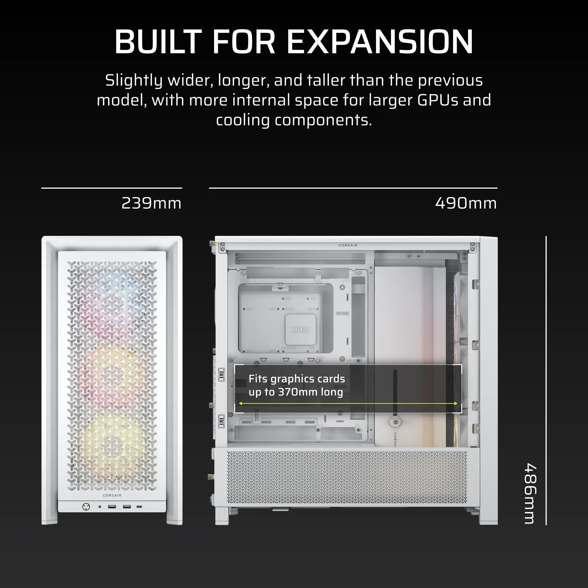 Corsair FRAME 4000D RS ARGB, Midi Tower, PC, White, ATX, EATX, micro ATX, Mini-ITX, Plastic, Steel, Tempered glass, Gaming