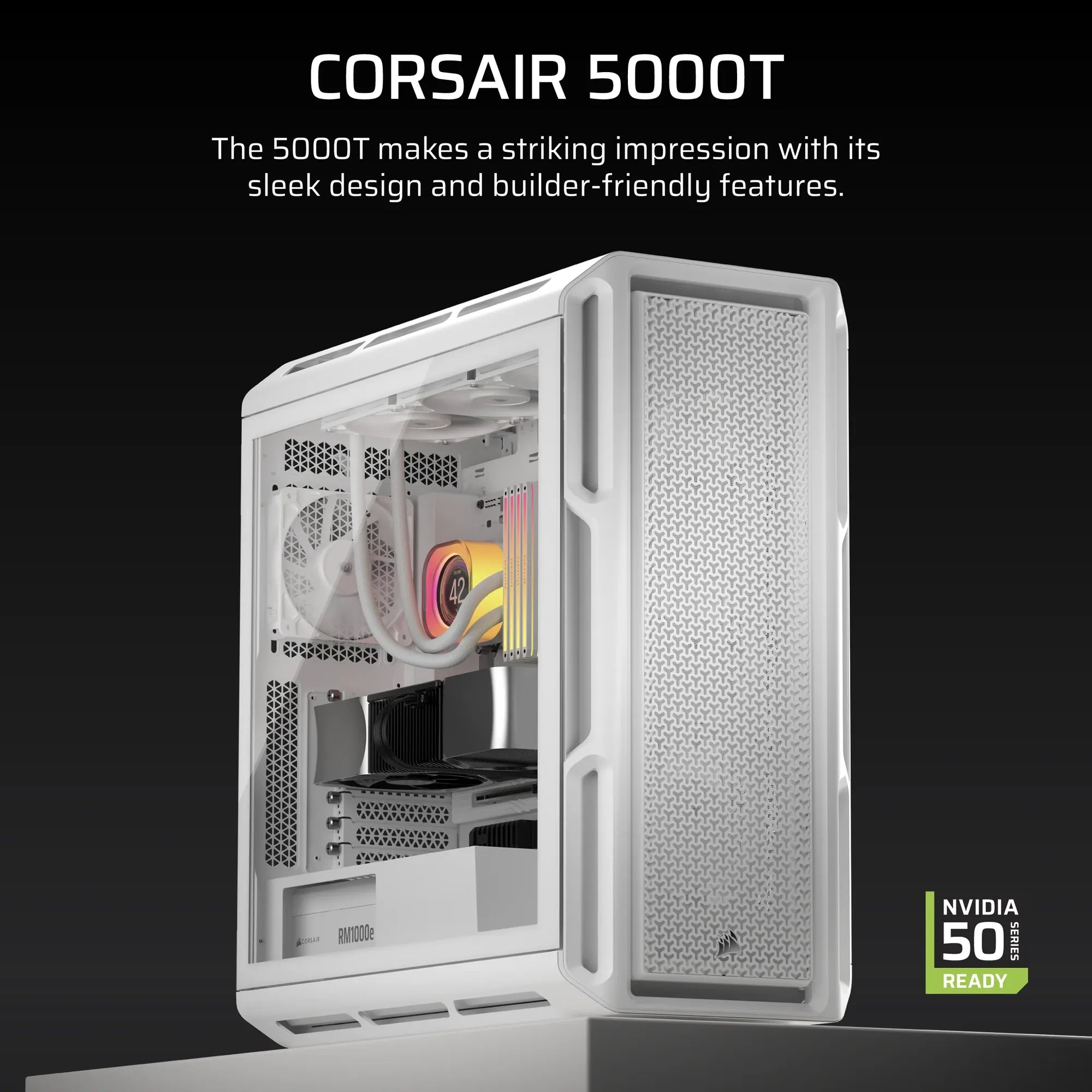Corsair 5000T, Midi Tower, PC, White, ATX, EATX, micro ATX, Mini-ITX, Plastic, Steel, Tempered glass, Gaming