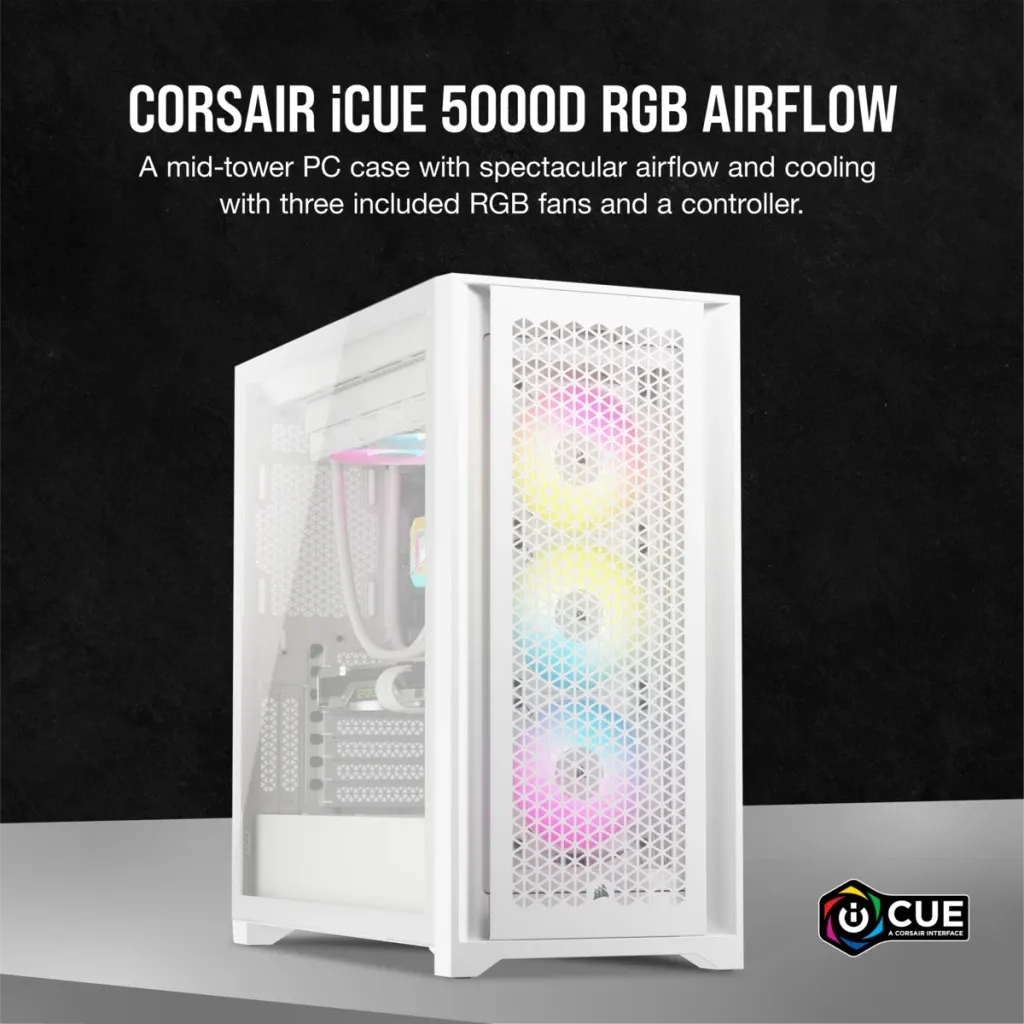 Corsair iCUE 5000D RGB Airflow, Midi Tower, PC, White, ATX, EATX, micro ATX, Mini-ITX, Plastic, Steel, Tempered glass, Gaming