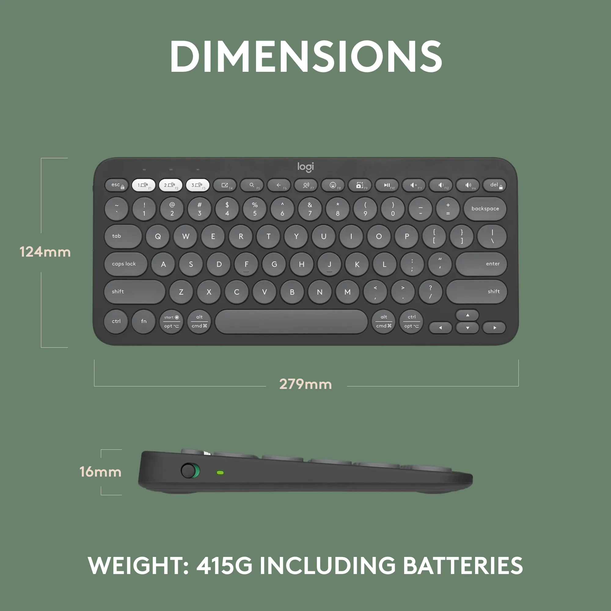 Logitech Pebble Keys 2 K380s, Mini, Wireless, RF Wireless + Bluetooth, Scissor key switch, QWERTY, Graphite