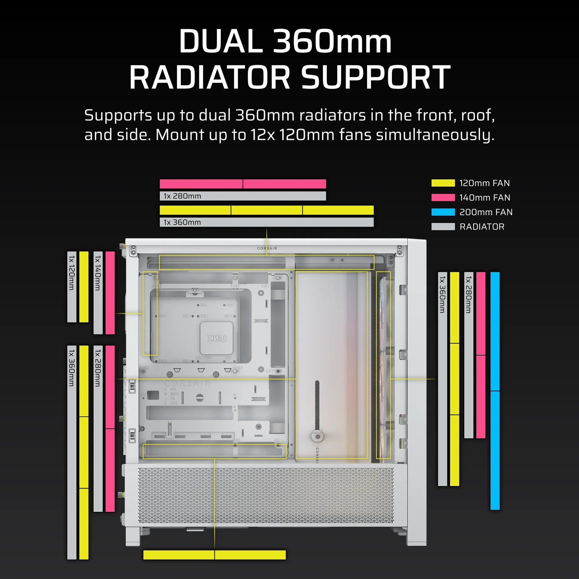 Corsair FRAME 4000D RS ARGB, Midi Tower, PC, White, ATX, EATX, micro ATX, Mini-ITX, Plastic, Steel, Tempered glass, Gaming