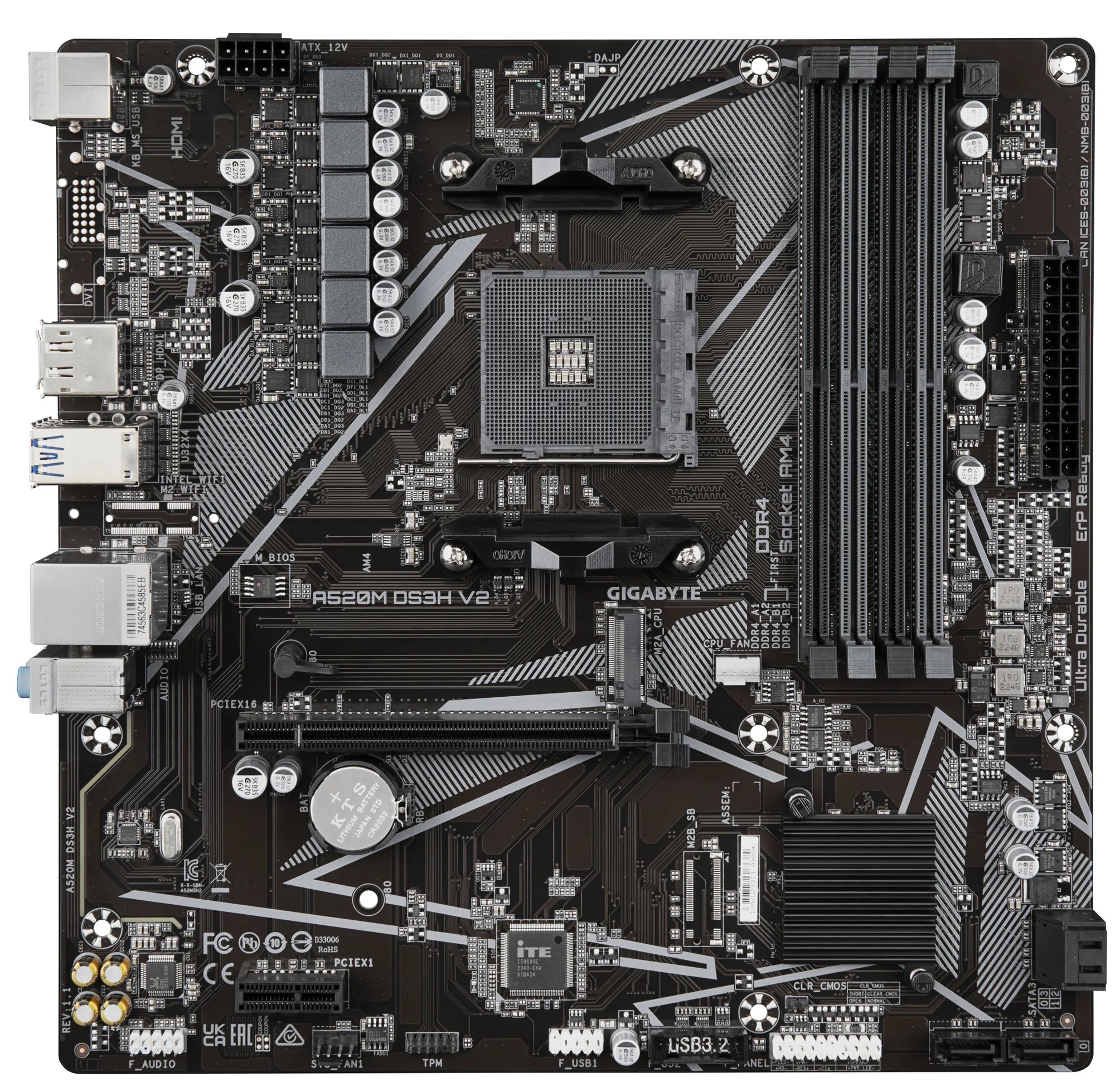 Gigabyte A520M DS3H V2 Motherboard - Supports AMD Ryzen 5000 Series AM4 CPUs, up to 4733MHz DDR4 (OC), PCIe 3.0 x16, GbE LAN, USB 3.2 Gen 1, AMD, Socket AM4, 3rd Generation AMD Ryzen™ 3, 3rd Generation AMD Ryzen 5, 3rd Generation AMD Ryzen™ 7, 3rd..., Socket AM4, 128 GB, DDR4-SDRAM